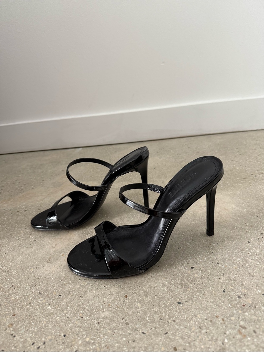SCHUTZ Black Patent Leather Double-Strap Slide Heels - Picture 2 of 4